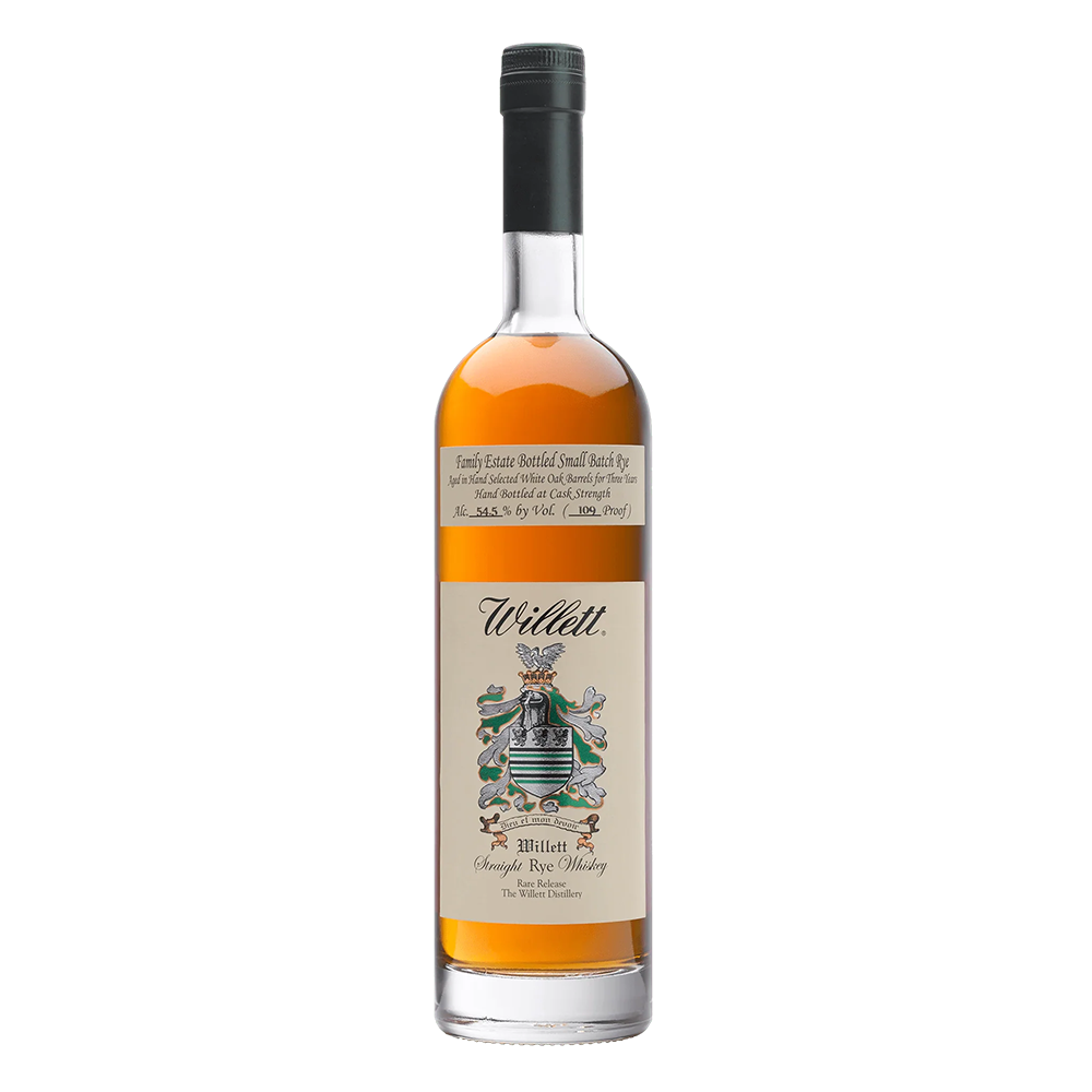 A clear glass bottle of Willett Family Estate 4 Year Old Rye Whiskey with a black cap, golden amber liquid, and a white label featuring a family crest and elegant script lettering.