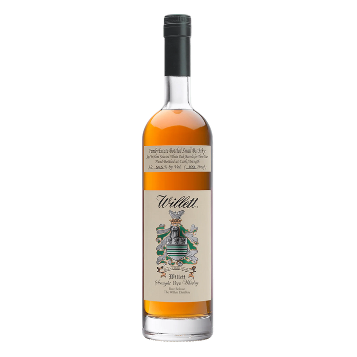 A clear glass bottle of Willett Family Estate 4 Year Old Rye Whiskey with a black cap, golden amber liquid, and a white label featuring a family crest and elegant script lettering.