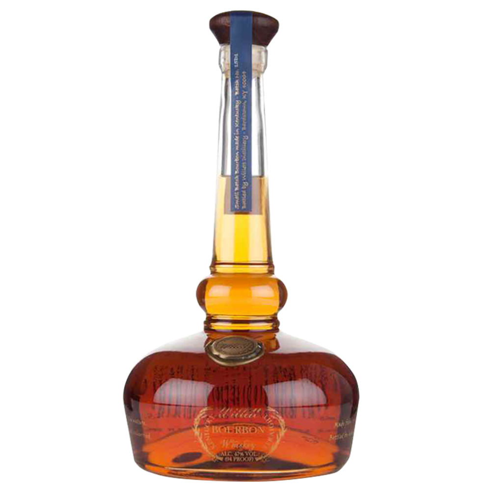A bottle of Willett Family Pot Still Reserve Bourbon Whiskey features a round base, long neck, dark cap, and vertical blue neck label. The amber whiskey inside is clearly visible.