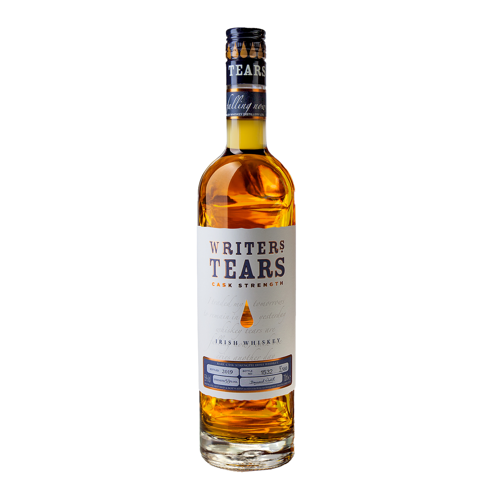 A bottle of Writers Tears 2019 Cask Strength Irish Whiskey, featuring a clear label and golden amber liquid, is displayed against a plain white background.