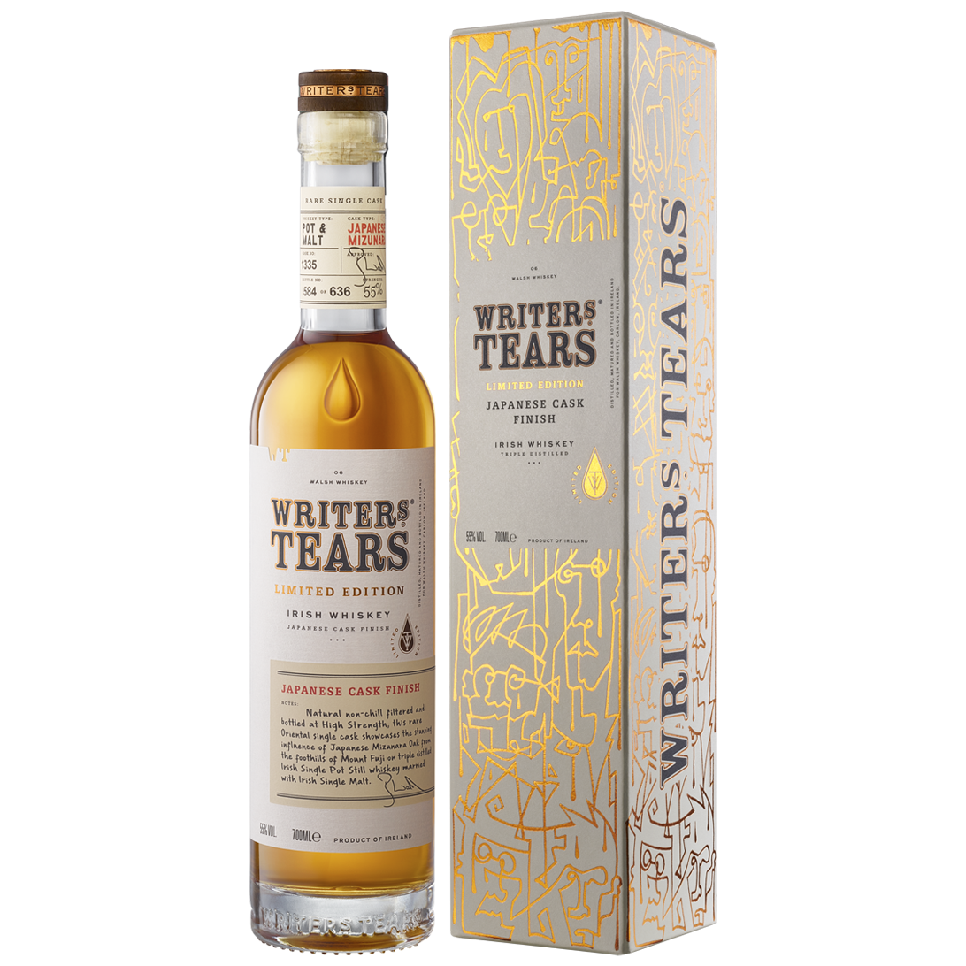 A bottle of Writers’ Tears Mizunara Single Cask Irish Single Pot Still Whiskey stands beside its decorative box with gold text and abstract art, showcasing the rare Mizunara oak influence on this limited edition whiskey.