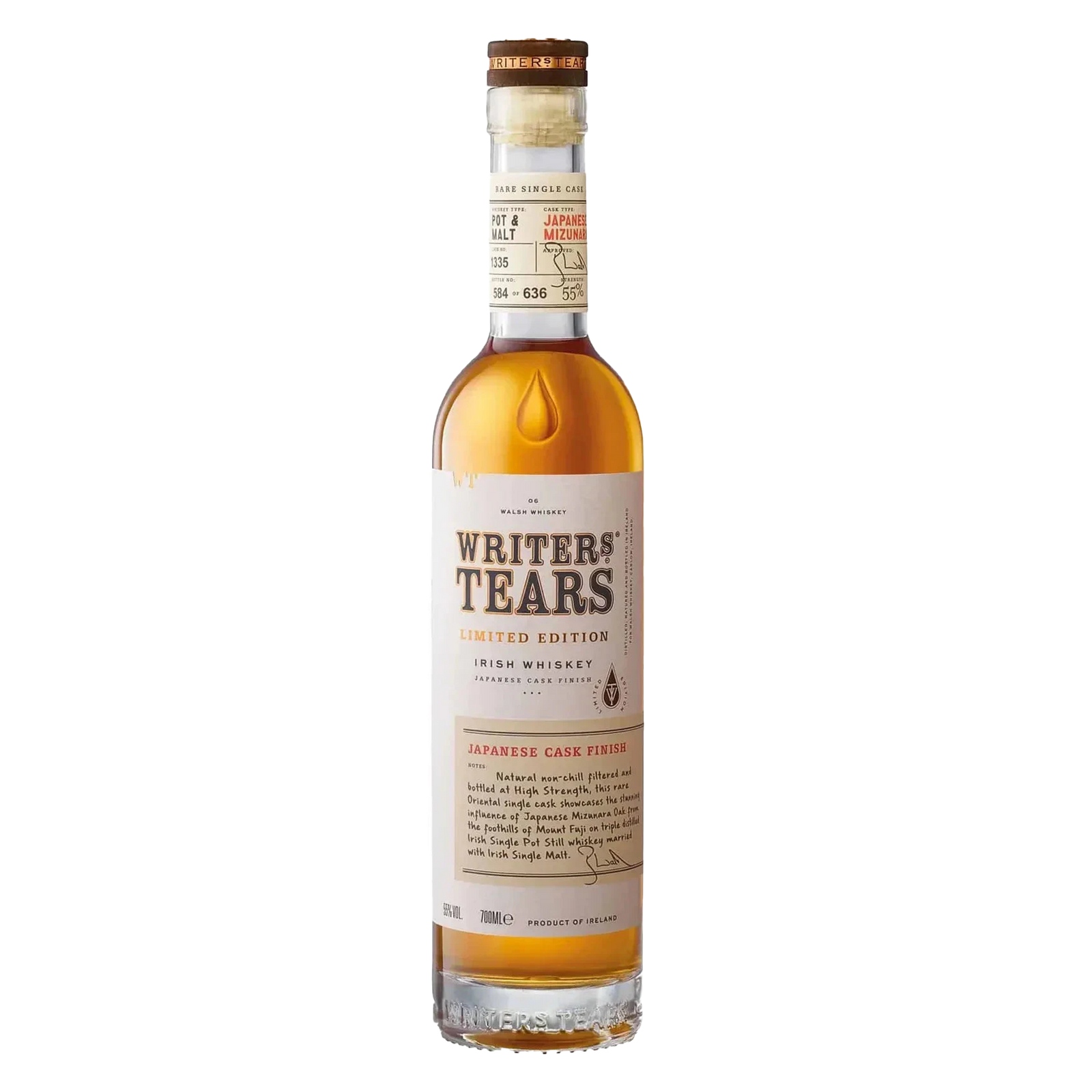 A bottle of Writers’ Tears Mizunara Single Cask Irish Single Pot Still Whiskey with a beige label, gold accents, and details highlighting its rare Japanese Mizunara oak cask finish.