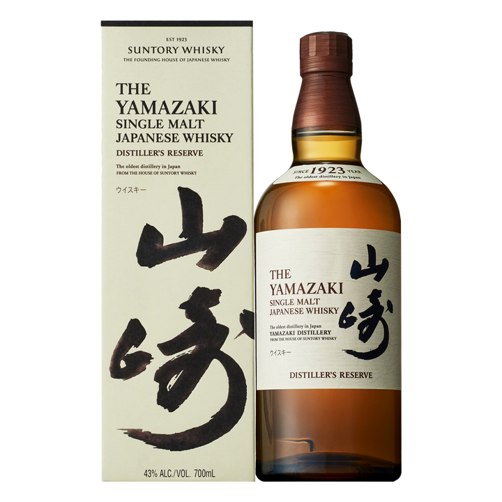 A 700ml bottle of Yamazaki Distiller’s Reserve Single Malt Japanese Whisky (43% ABV) is shown next to its cream-colored box with bold black kanji and English text.