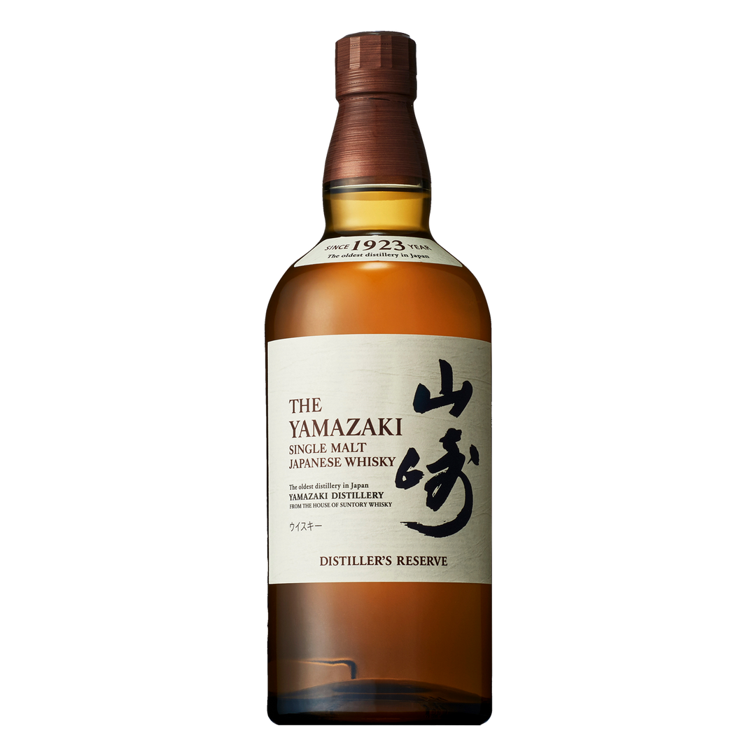 A bottle of Yamazaki Distiller’s Reserve Single Malt Japanese Whisky, with a cream label in English and Japanese and a brown cap, crafted by Suntory.