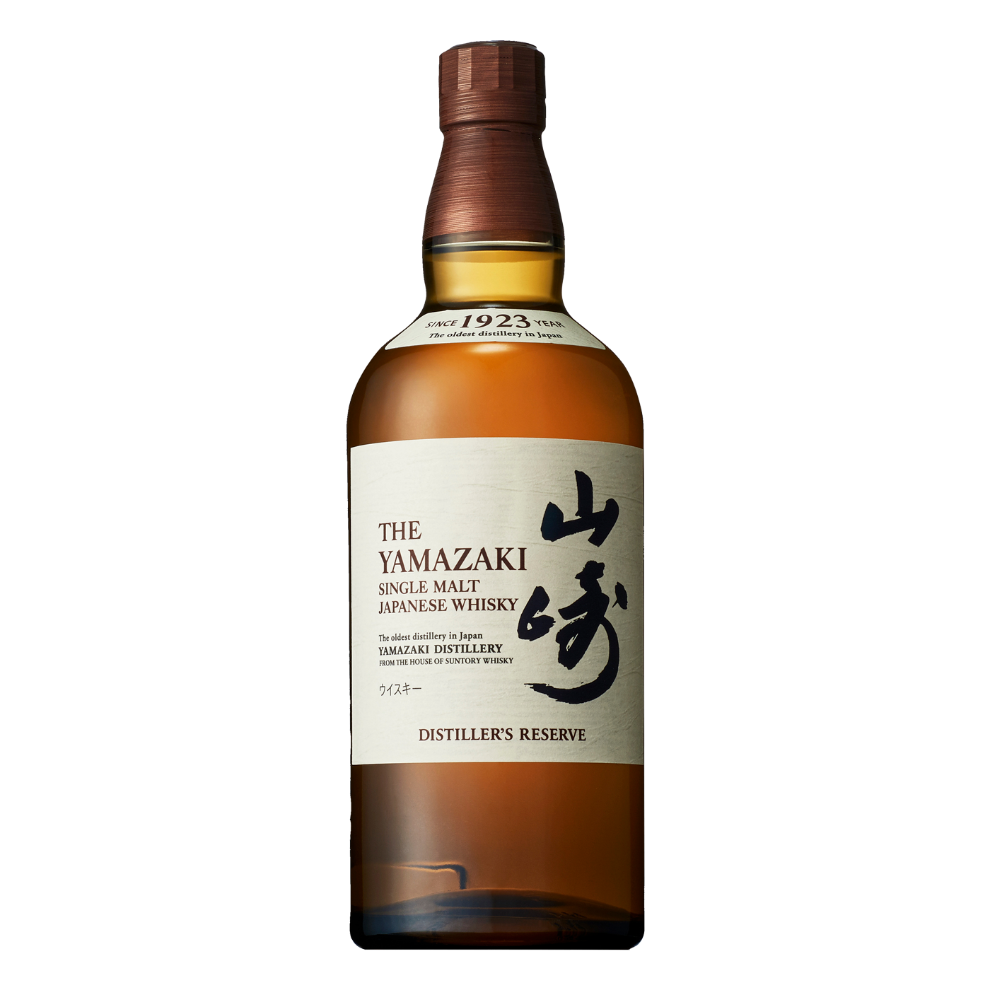 A bottle of Yamazaki Distiller’s Reserve Single Malt Japanese Whisky, with a cream label in English and Japanese and a brown cap, crafted by Suntory.