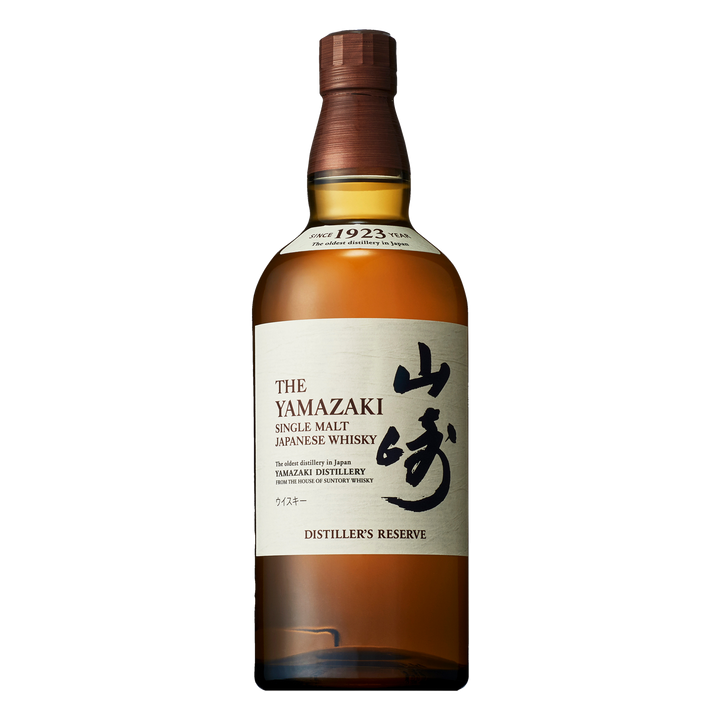 A bottle of Yamazaki Distiller’s Reserve Single Malt Japanese Whisky, with a cream label in English and Japanese and a brown cap, crafted by Suntory.