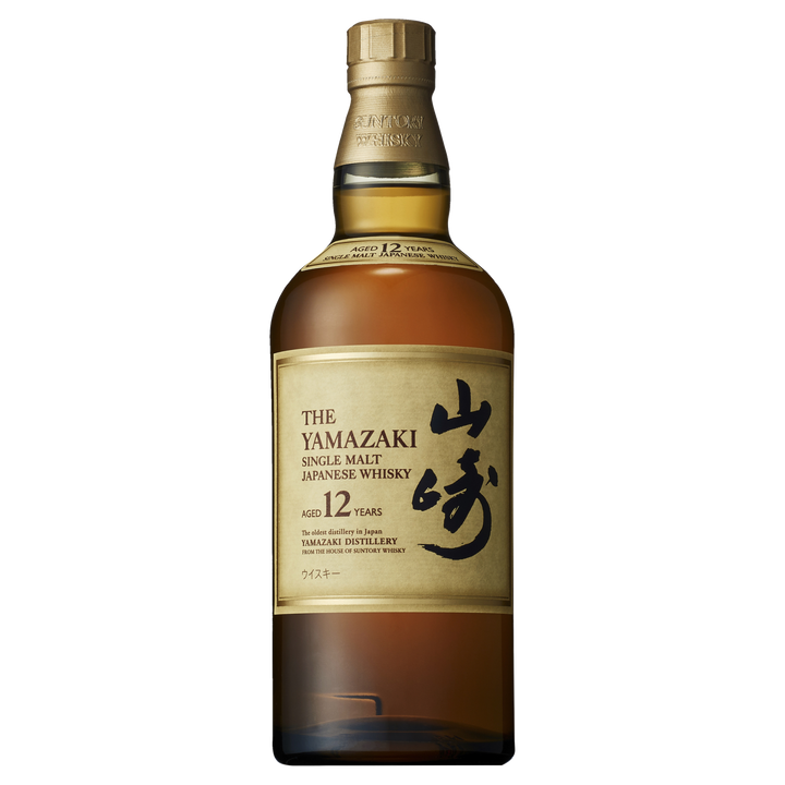 A bottle of Yamazaki 12 Year Old Single Malt Japanese Whisky, aged 12 years, with a gold label and cap, features black Japanese calligraphy and English text on the front.