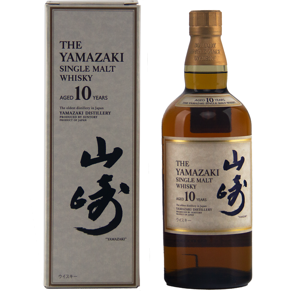 A bottle of Yamazaki 10 Year Old Japanese Single Malt Whisky stands beside its matching box, both featuring Japanese calligraphy and gold and cream labels—crafted by Suntory for their 100th Anniversary.