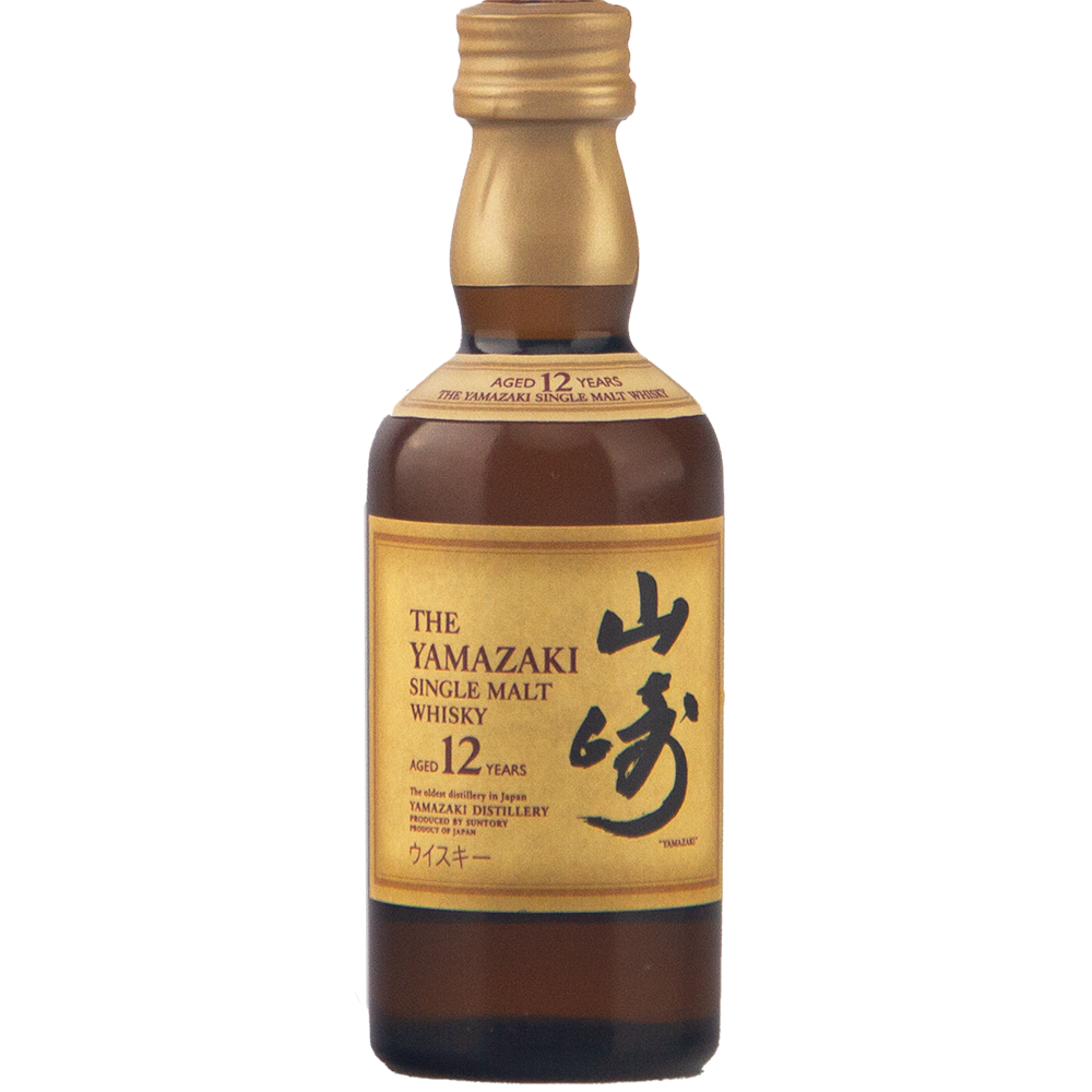 The Yamazaki 12 Year Old Miniature 50ml features a gold label with Japanese characters and black text, highlighting this iconic Japanese single malt whisky against a plain white background.