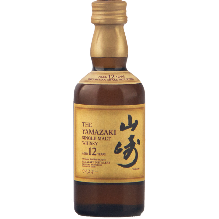 The Yamazaki 12 Year Old Miniature 50ml features a gold label with Japanese characters and black text, highlighting this iconic Japanese single malt whisky against a plain white background.