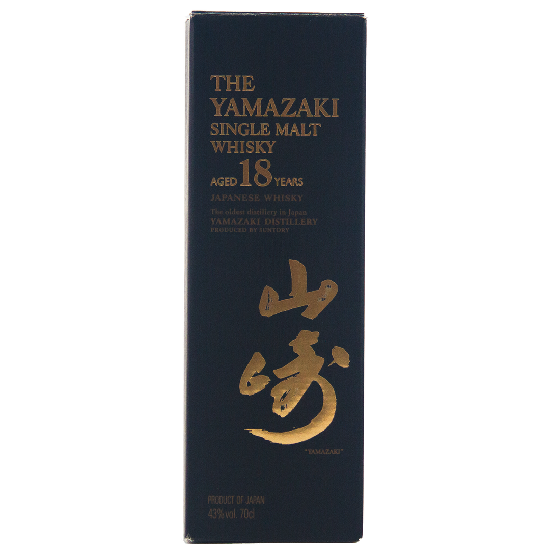 A dark blue box of Yamazaki 18 Year Old Japanese Single Malt Whisky features gold and white text, Japanese characters, and whisky details on the front.
