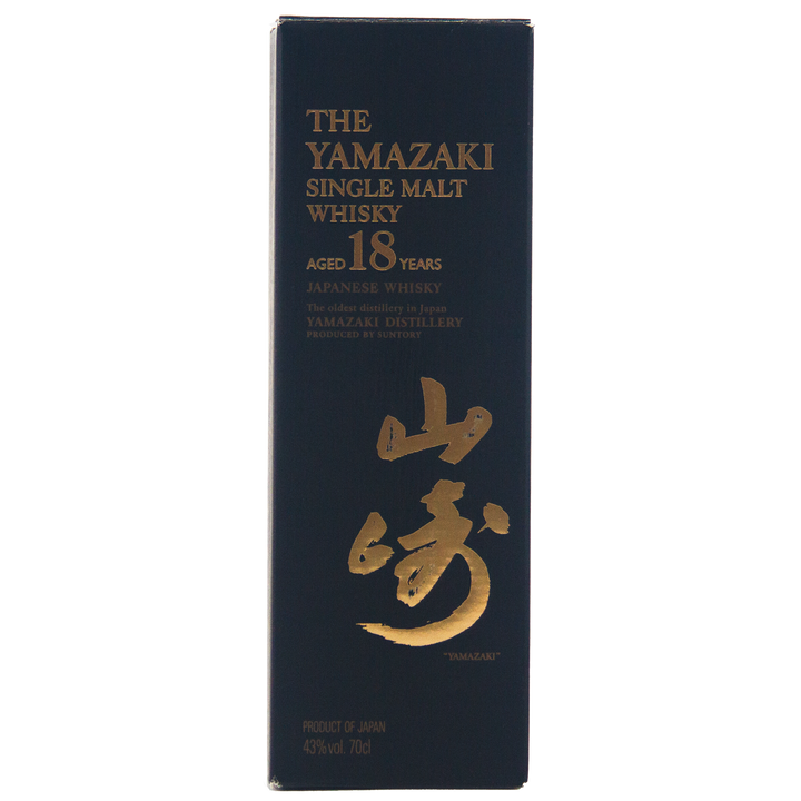 A dark blue box of Yamazaki 18 Year Old Japanese Single Malt Whisky features gold and white text, Japanese characters, and whisky details on the front.