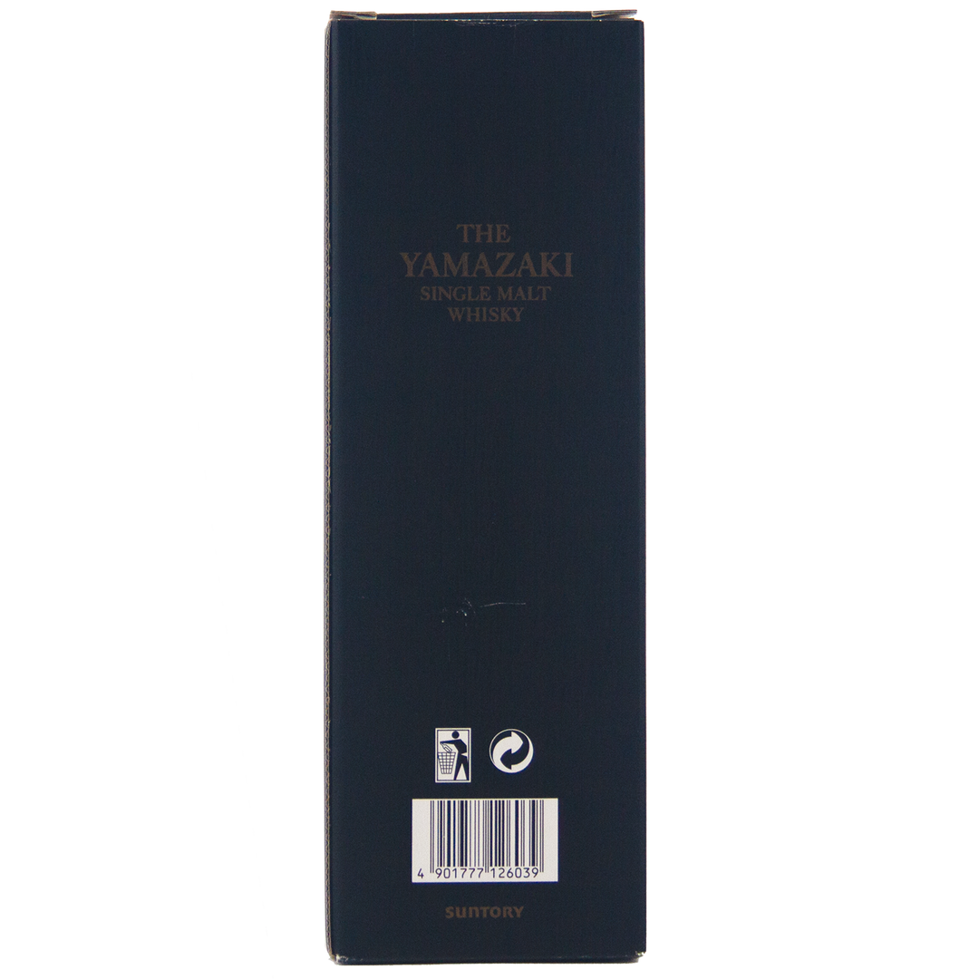 A dark box displaying "Yamazaki 18 Year Old Japanese Single Malt Whisky" in gold highlights this famed spirit. Recycling symbols, a barcode, and the Suntory logo appear at the bottom.