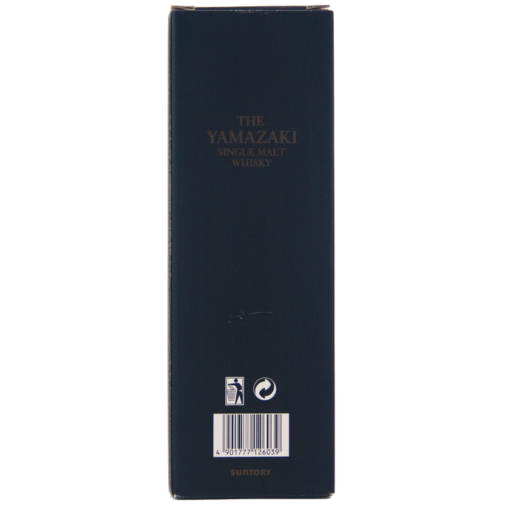 A dark box displaying "Yamazaki 18 Year Old Japanese Single Malt Whisky" in gold highlights this famed spirit. Recycling symbols, a barcode, and the Suntory logo appear at the bottom.