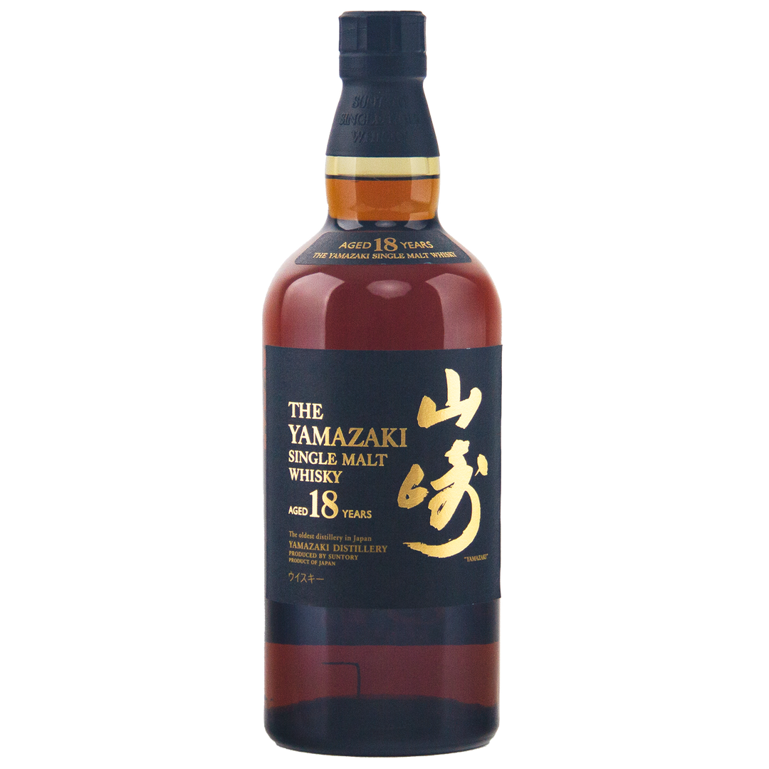 A bottle of Yamazaki 18 Year Old Japanese Single Malt Whisky with a black label featuring gold and white lettering and Japanese characters, photographed against a plain white background.
