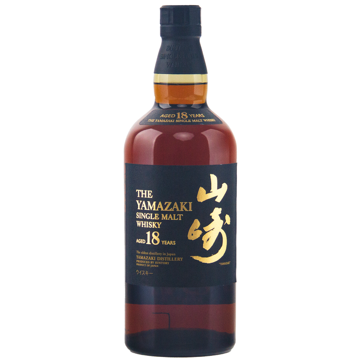 A bottle of Yamazaki 18 Year Old Japanese Single Malt Whisky with a black label featuring gold and white lettering and Japanese characters, photographed against a plain white background.