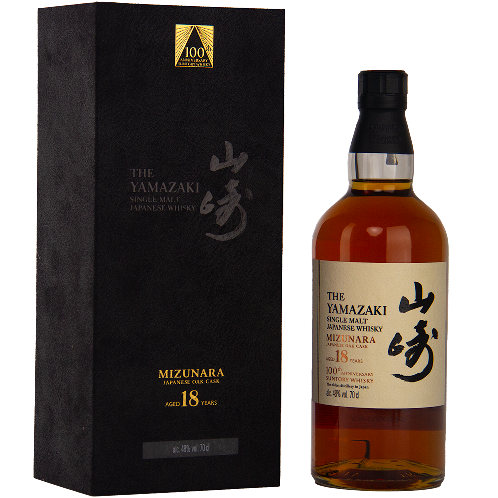 Yamazaki Mizunara 18-year-old Japanese whisky bottle and packaging on a white background