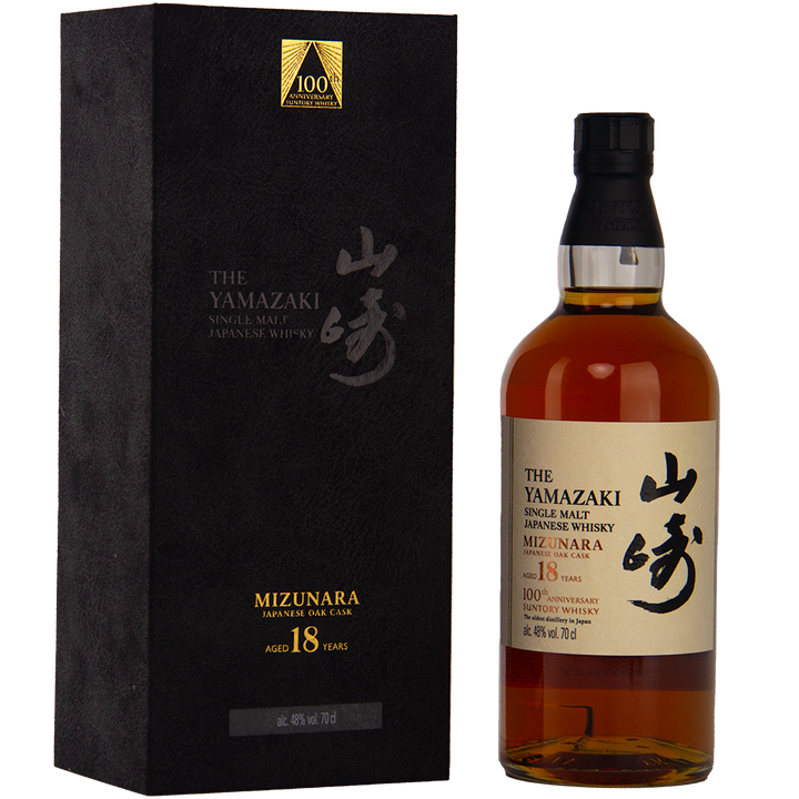 Yamazaki Mizunara 18-year-old Japanese whisky bottle and packaging on a white background