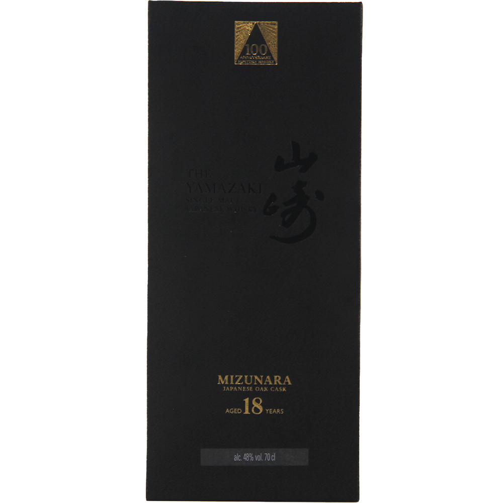 Black box of Mizunara 18-year-old whiskey with gold text on a white background