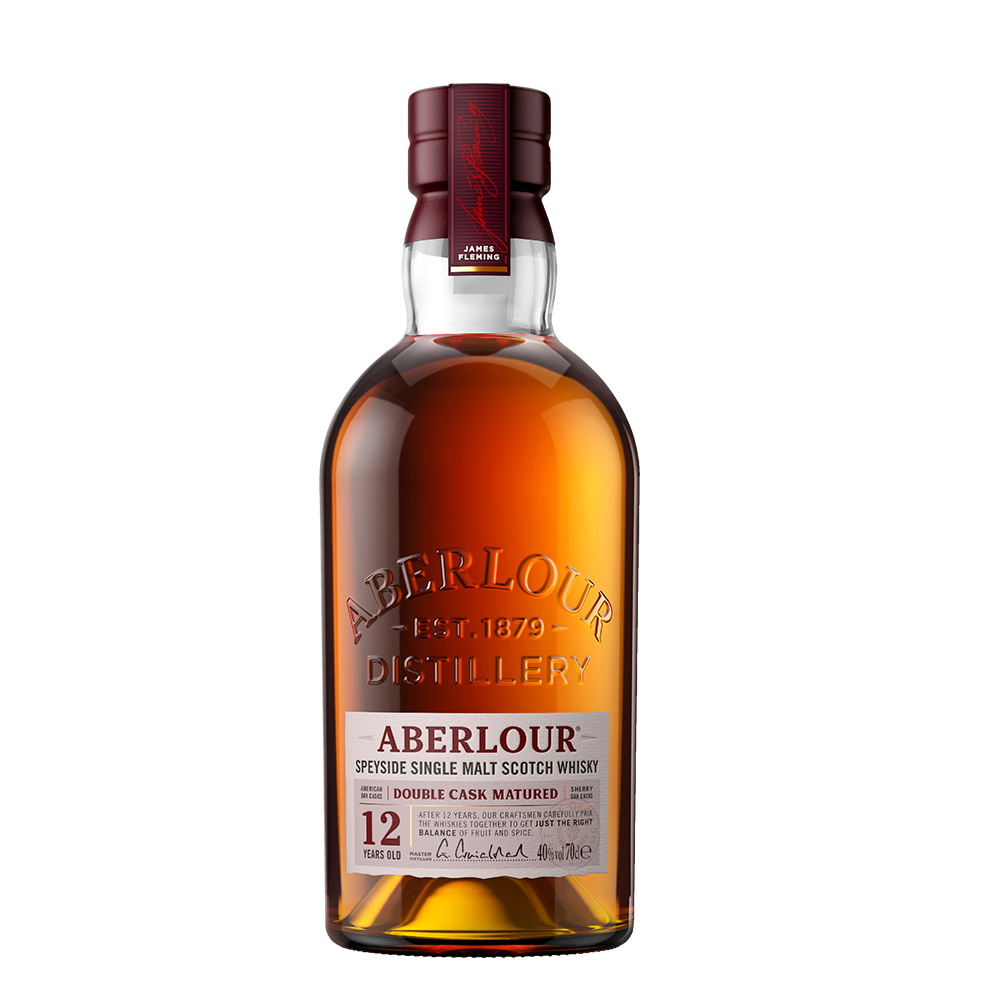 Bottle of Aberlour whisky on a white background