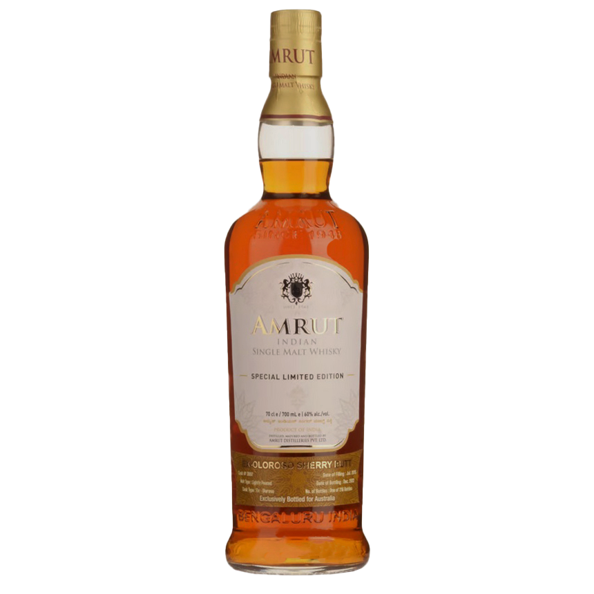 A bottle of Amrut Oloroso Cask #3897 Indian Single Malt Whisky, sherry cask matured, with a gold and cream label featuring black and gold text, and amber whisky inside.