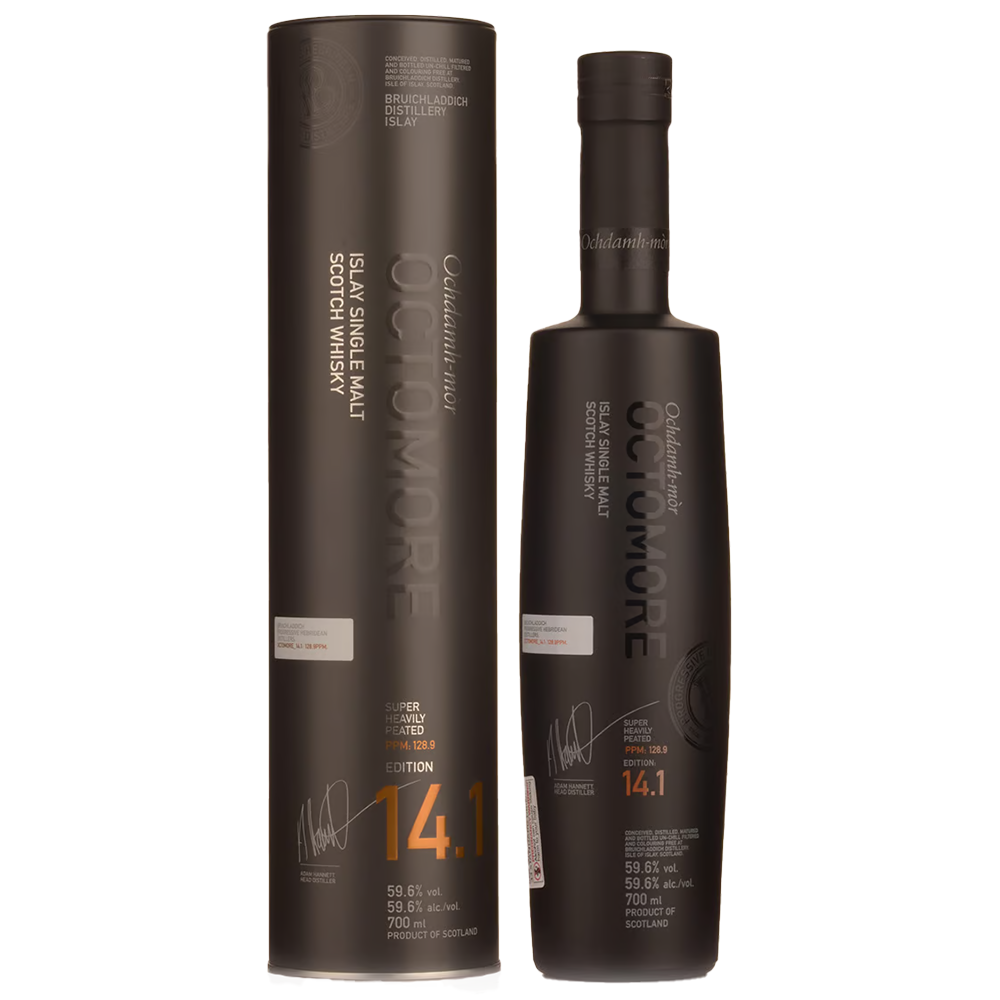 A bottle of Octomore Edition 14.1 Single Malt Scotch Whisky stands beside its matching matte black cylindrical box, both featuring copper and white lettering that highlight this heavily peated Islay malt and its edition details.