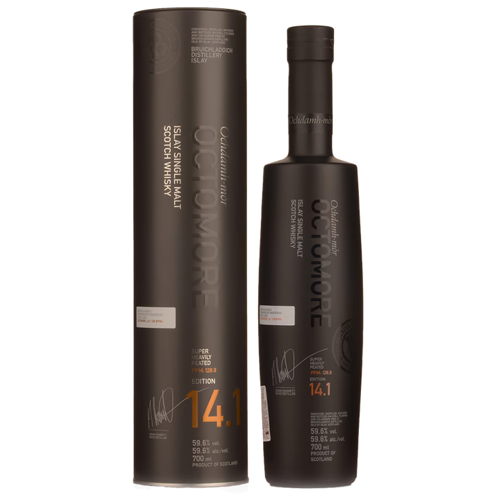 A bottle of Octomore Edition 14.1 Single Malt Scotch Whisky stands beside its matching matte black cylindrical box, both featuring copper and white lettering that highlight this heavily peated Islay malt and its edition details.