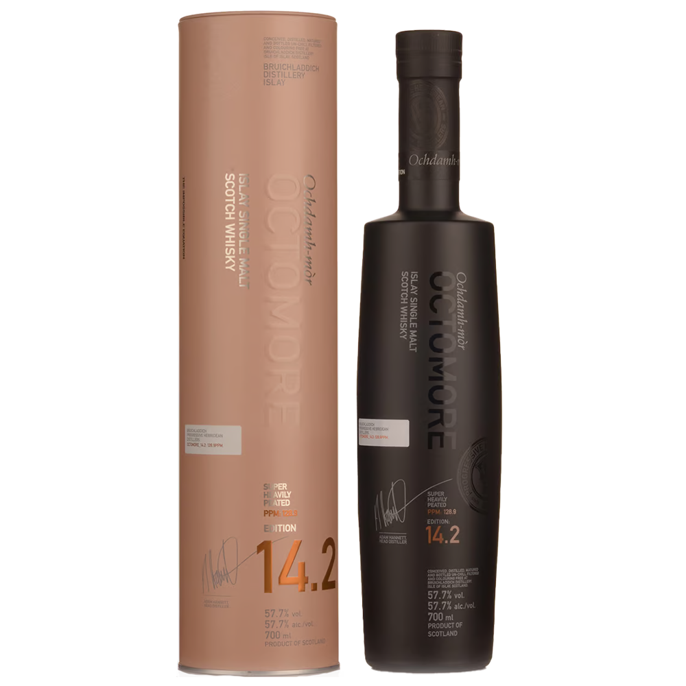 A matte black bottle of Octomore Edition 14.2 Single Malt Scotch Whisky stands beside its matching brown and black cylindrical box, both adorned with silver and gold text—a striking display for this heavily peated Islay whisky.