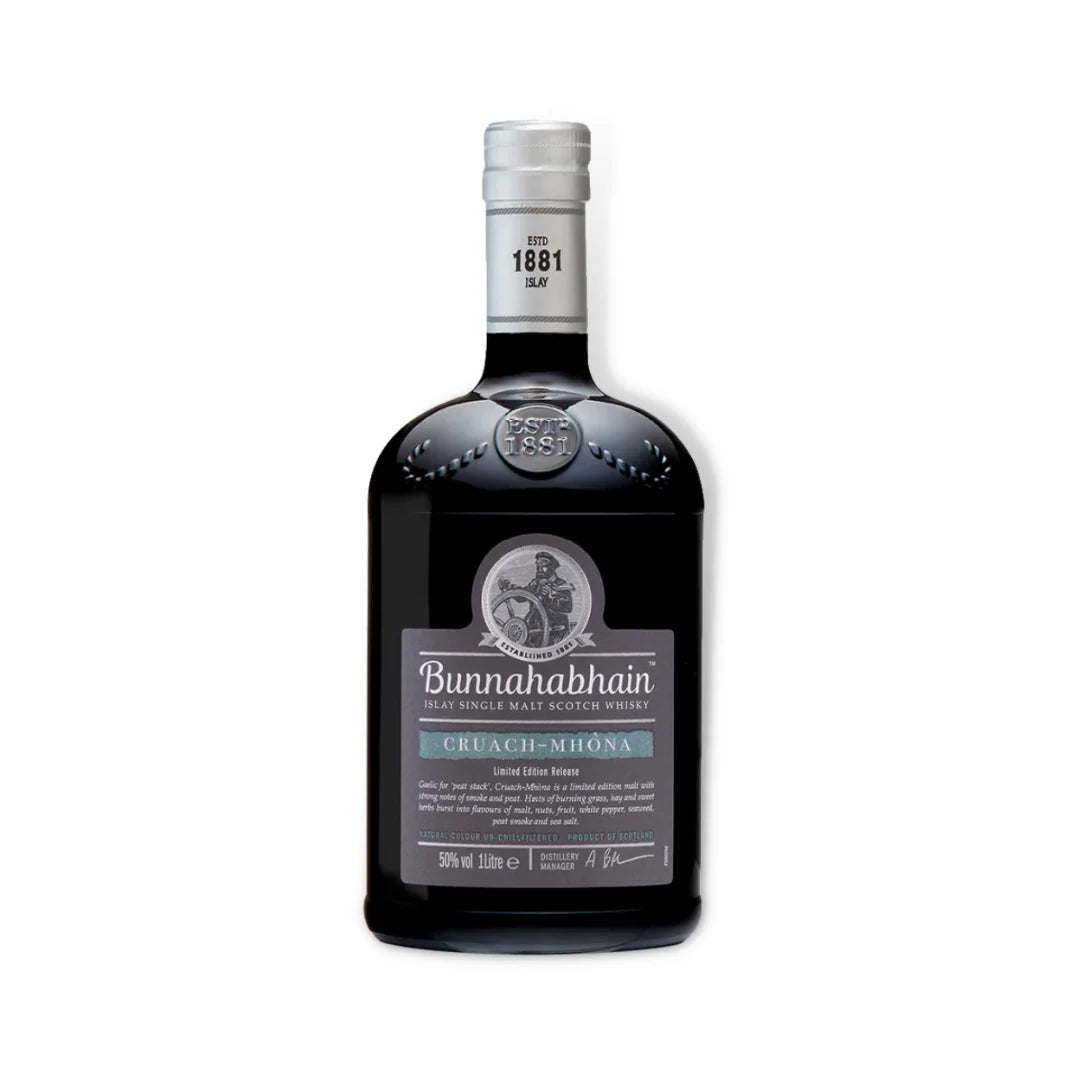 A bottle of Bunnahabhain Cruachemona malted barley spirit, presented on a clean white background.