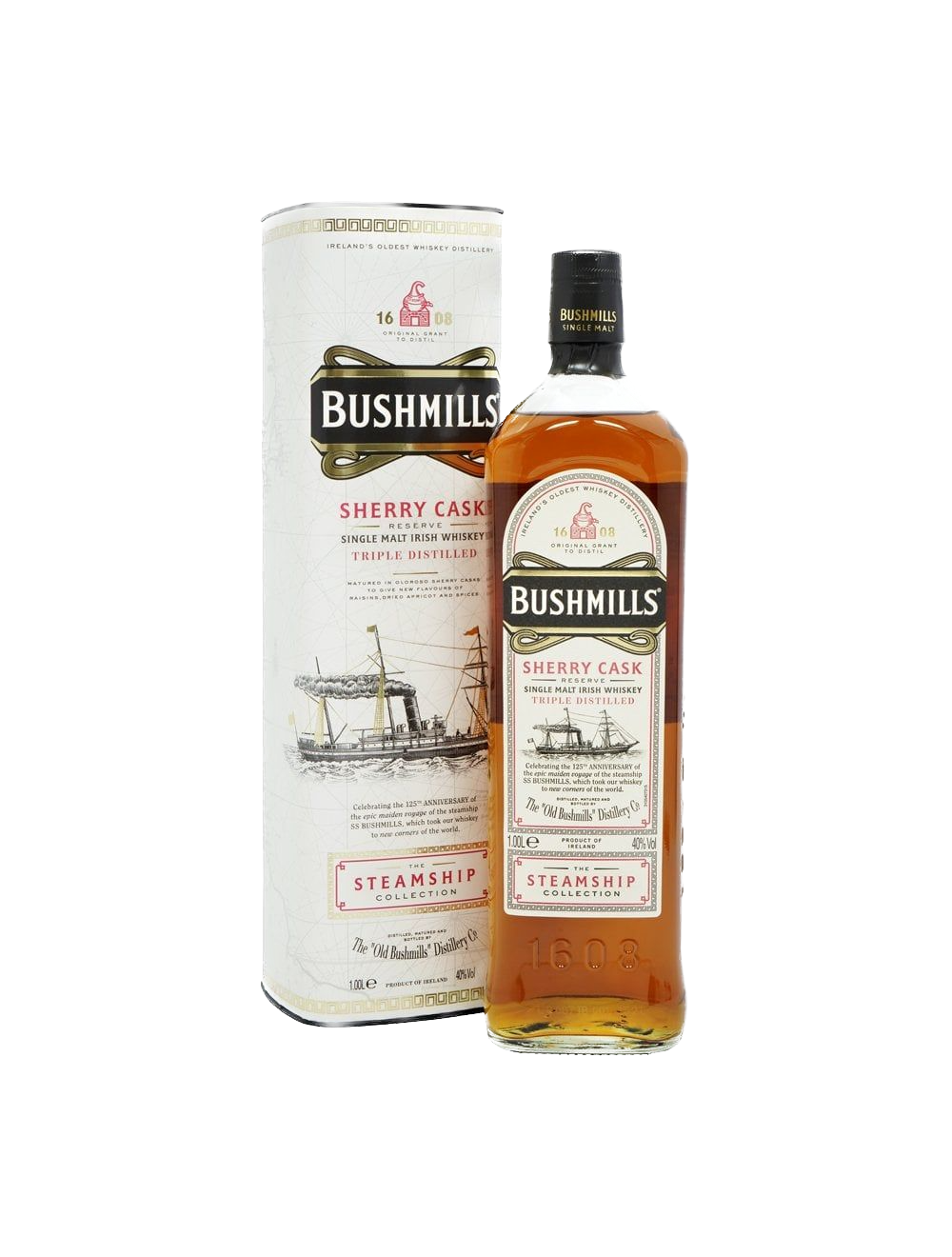 A bottle of Bushmills Steamship Sherry Cask Reserve Irish Whiskey is displayed alongside its cylindrical packaging, both adorned with a ship illustration and cream-colored labels accented in gold, black, and red.