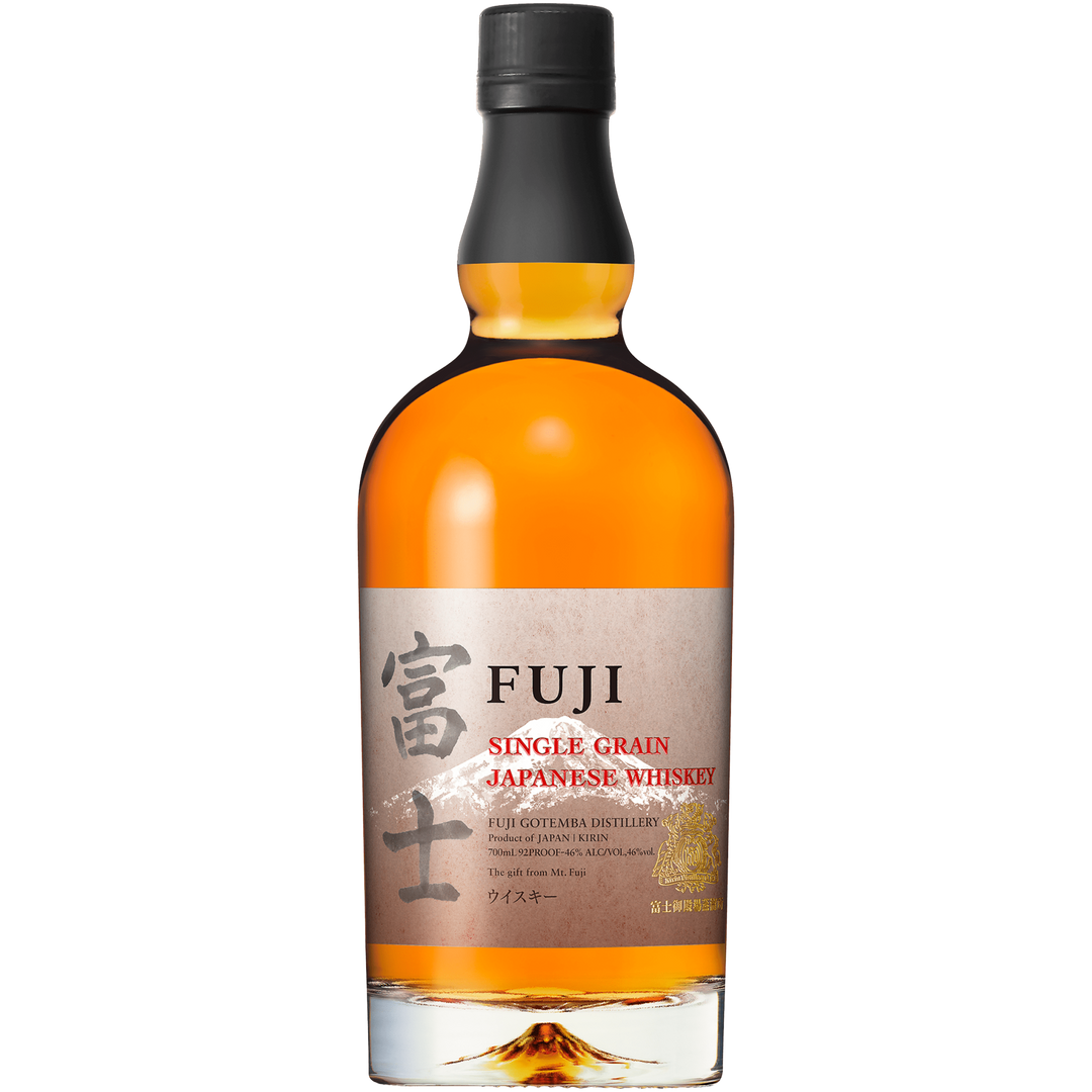 A bottle of Fuji Single Grain Japanese Whisky with amber liquid, a black cap, and a beige label with Japanese characters and English text, crafted at the renowned Mount Fuji distillery.