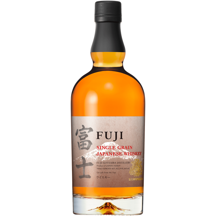 A bottle of Fuji Single Grain Japanese Whisky with amber liquid, a black cap, and a beige label with Japanese characters and English text, crafted at the renowned Mount Fuji distillery.