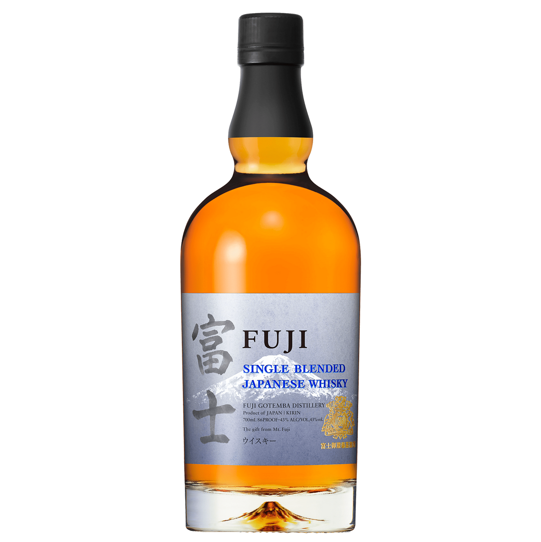 A bottle of Fuji Single Blended Japanese Whisky from Mt. Fuji Distillery, with a black cap, amber liquid, and a silver label featuring Japanese characters and blue English text on a plain white background.