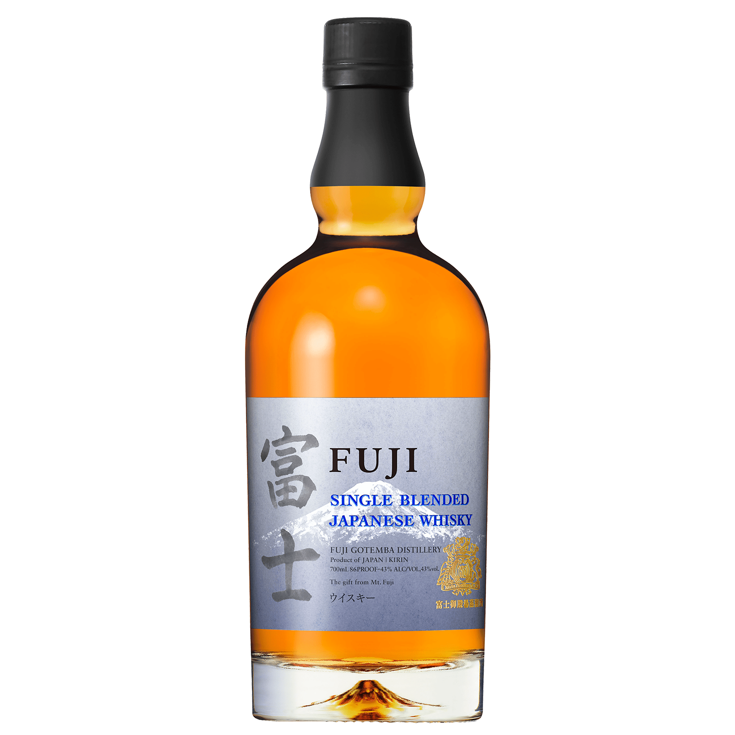 A bottle of Fuji Single Blended Japanese Whisky from Mt. Fuji Distillery, with a black cap, amber liquid, and a silver label featuring Japanese characters and blue English text on a plain white background.