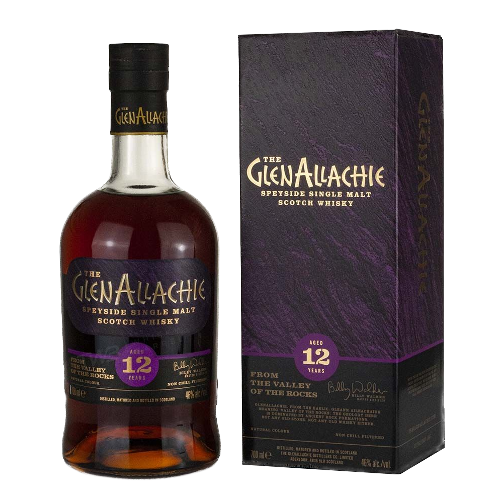 A bottle of GlenAllachie 12 Year Old Single Malt Scotch Whisky is displayed next to its dark purple and black box, both featuring gold and white text, emphasizing the whisky’s sherry cask maturation.