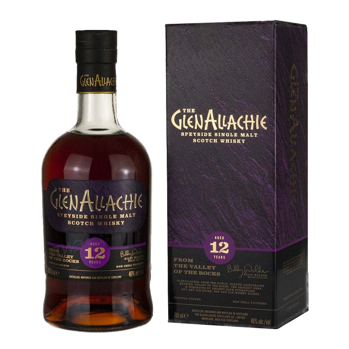 A bottle of GlenAllachie 12 Year Old Single Malt Scotch Whisky is displayed next to its dark purple and black box, both featuring gold and white text, emphasizing the whisky’s sherry cask maturation.