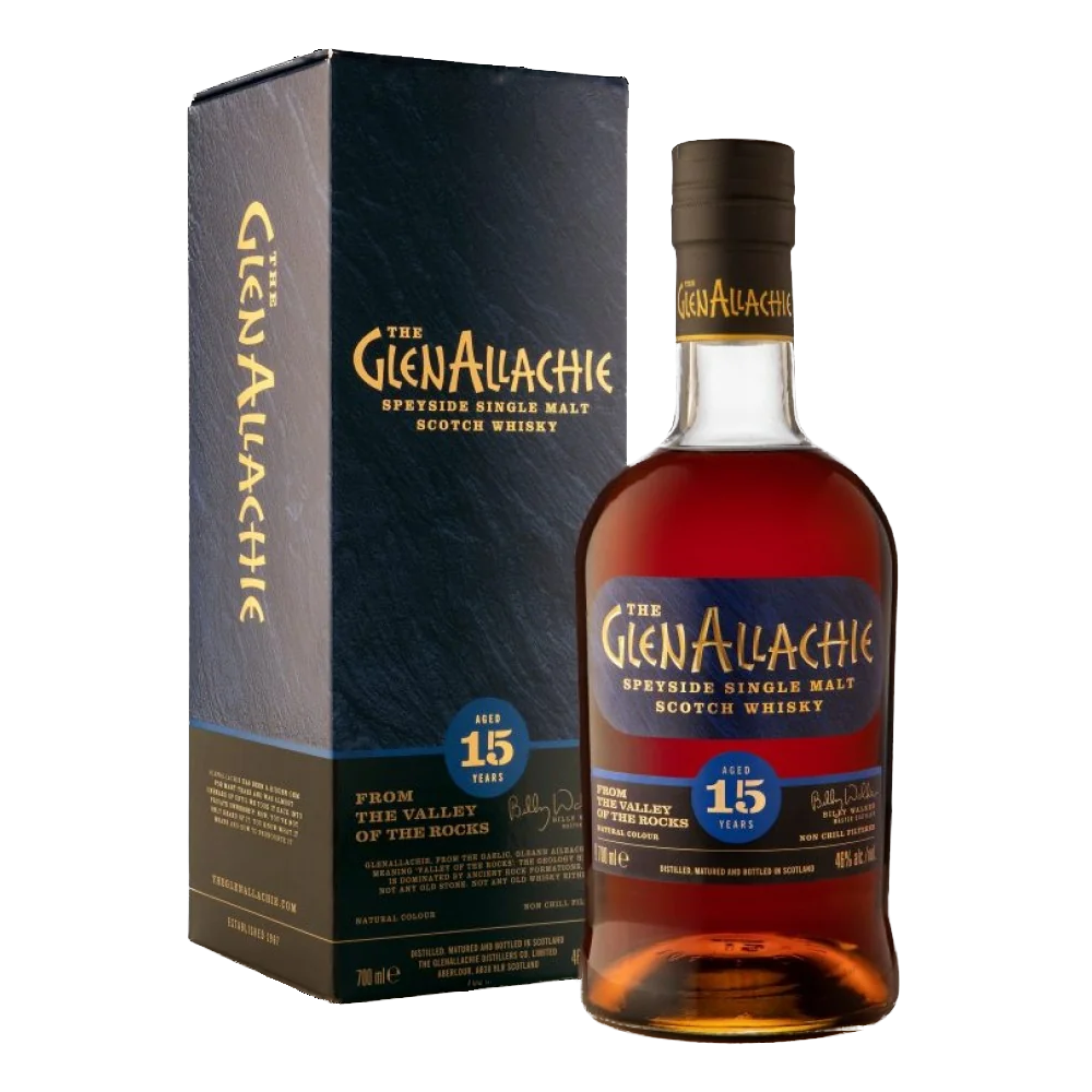 A bottle of GlenAllachie 15 Year Old Single Malt Scotch Whisky stands beside its blue and gold box. The amber spirit inside is matured in sherry casks, imparting depth and richness to this distinguished Speyside whisky.