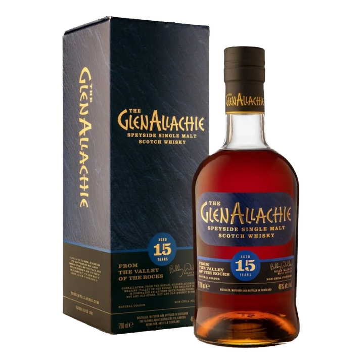 A bottle of GlenAllachie 15 Year Old Single Malt Scotch Whisky stands beside its blue and gold box. The amber spirit inside is matured in sherry casks, imparting depth and richness to this distinguished Speyside whisky.