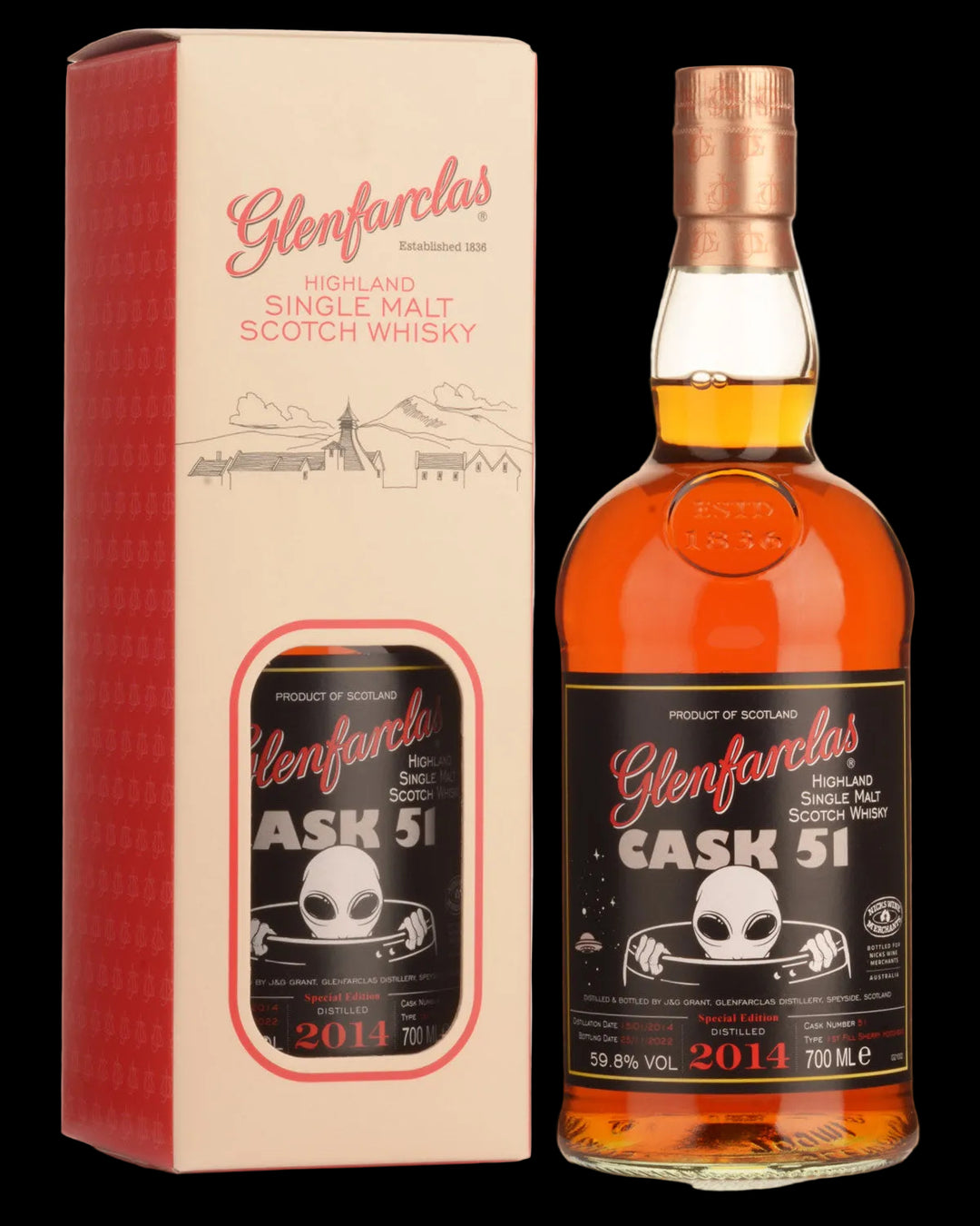 A bottle of Glenfarclas Aisk 51 Highland Single Malt Scotch Whisky with its matching red and beige packaging box, displayed on a clean white background.