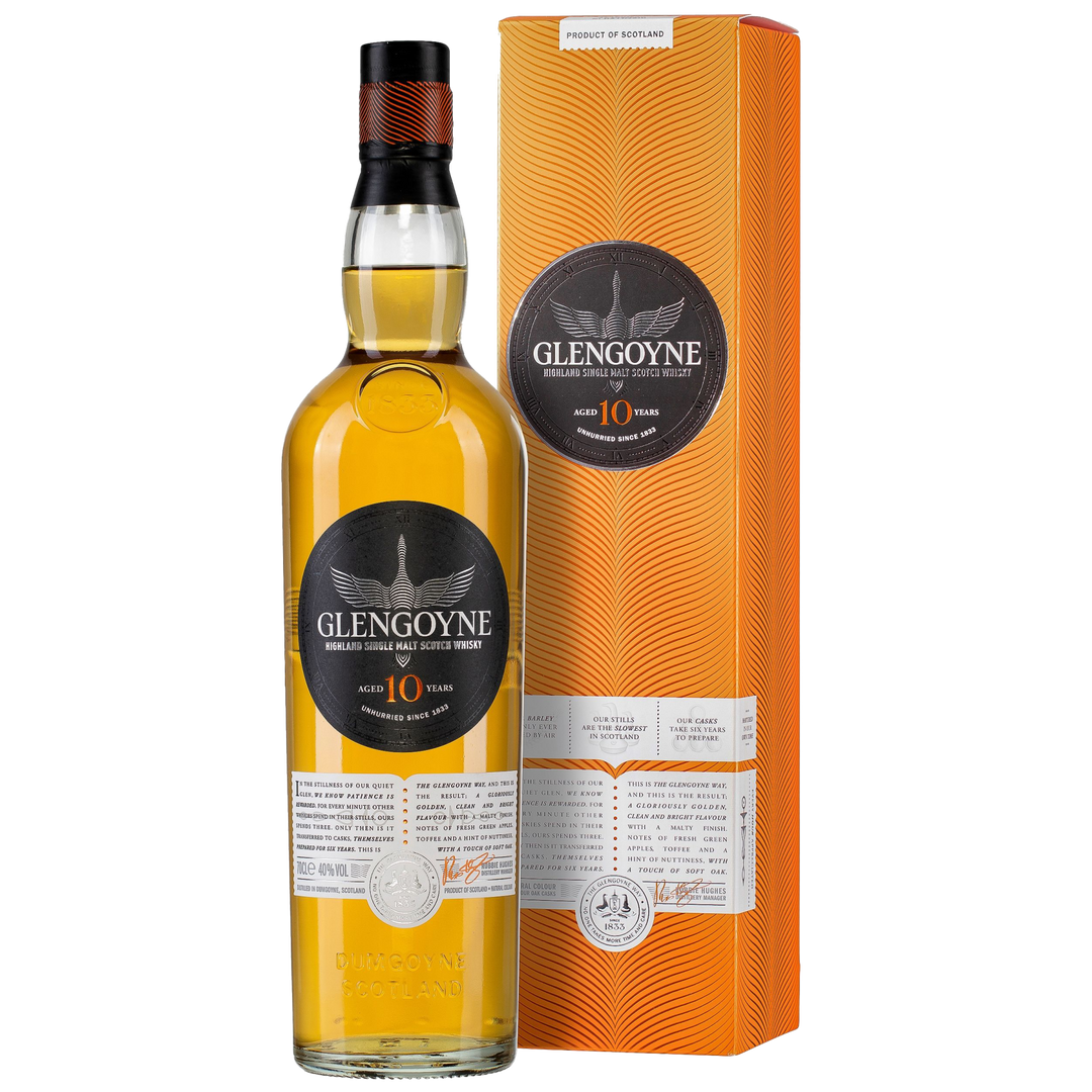 A bottle of Glengoyne 10 Year Old Single Malt Scotch Whisky is displayed beside its tall, orange and white packaging, both showcasing the Glengoyne logo and details about this smooth Highland single malt.