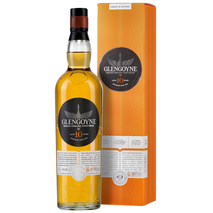 A bottle of Glengoyne 10 Year Old Single Malt Scotch Whisky is displayed beside its tall, orange and white packaging, both showcasing the Glengoyne logo and details about this smooth Highland single malt.