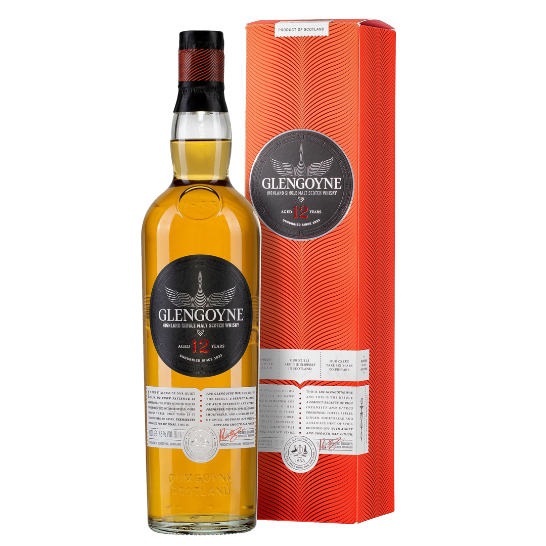 A bottle of Glengoyne 12 Year Old Single Malt Scotch Whisky stands by its matching red and white box, both displaying the Glengoyne logo and product details, showcasing this renowned unpeated sherry cask whisky.