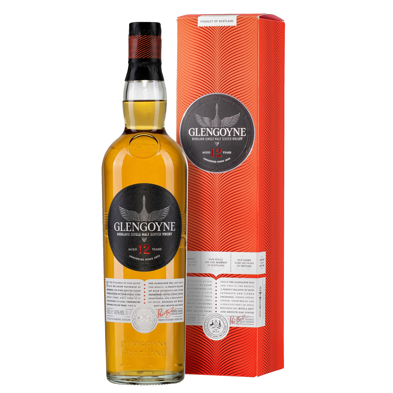 A bottle of Glengoyne 12 Year Old Single Malt Scotch Whisky stands by its matching red and white box, both displaying the Glengoyne logo and product details, showcasing this renowned unpeated sherry cask whisky.