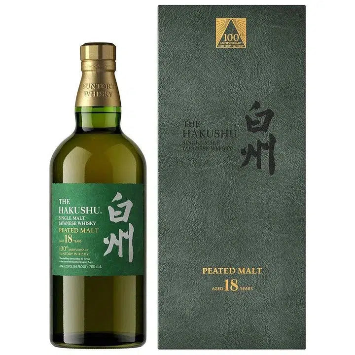 Suntory Hakushu 18-year-old peated malt whisky bottle and packaging on a white background