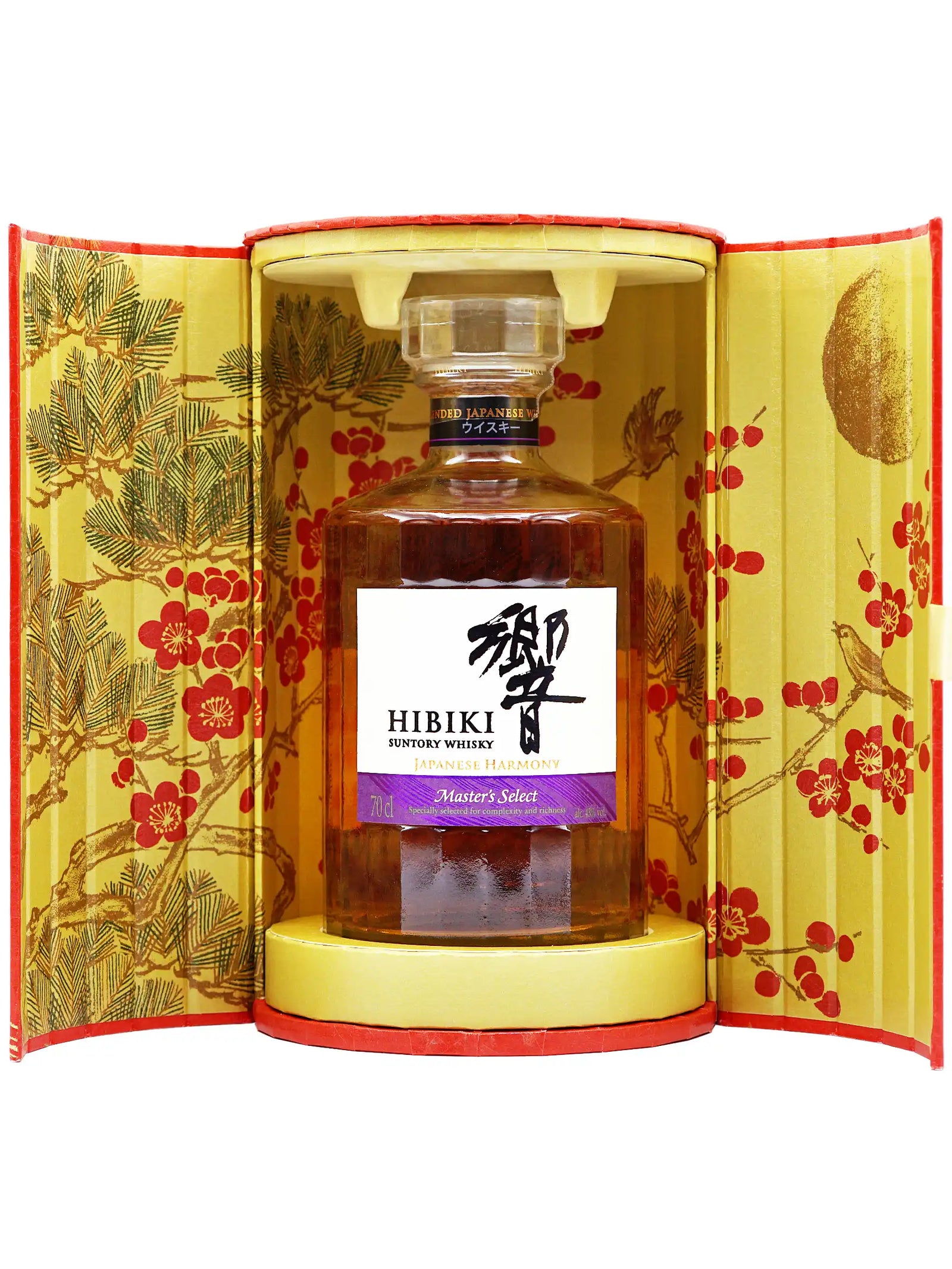Hibiki whiskey bottle in a decorative box with floral patterns
