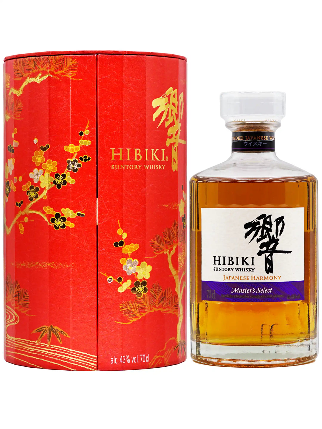 Hibiki whisky bottle and red cylindrical box with floral design on a white background