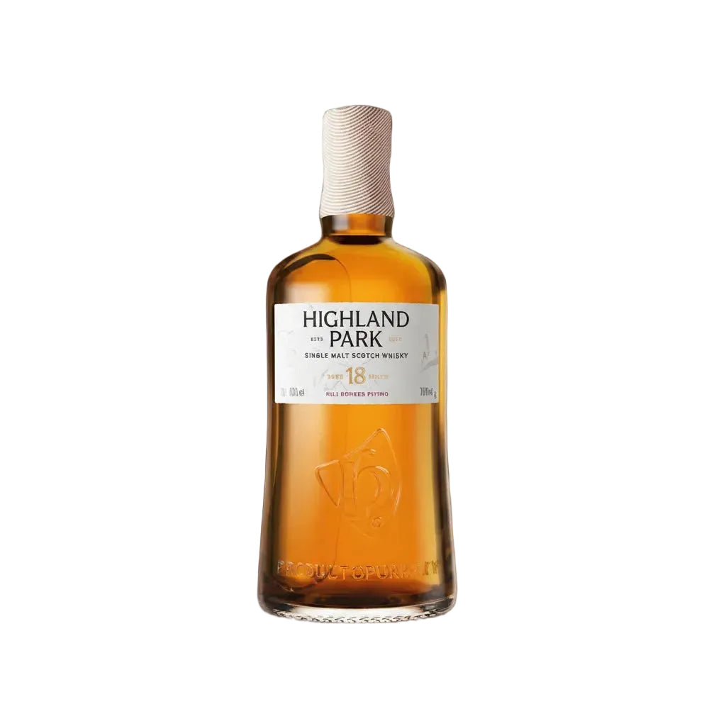 A bottle of Highland Park 18-year-old single malt Scotch whisky, featuring amber-brown liquid in a clear glass bottle with a white label and a textured off-white cap, set against a solid off-white background.