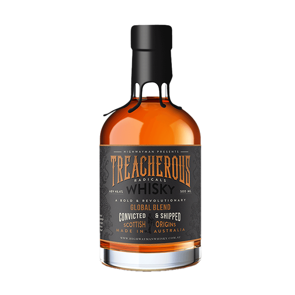 A bottle of Highwayman Treacherous Radicals Single Malt Australian Whisky, limited-edition with a black wax seal and gray label. Features gold and white text, a global blend with Scottish roots, made in Australia, finished in peated Apera cask.