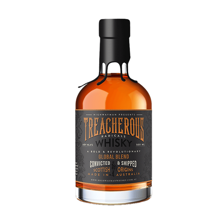 A bottle of Highwayman Treacherous Radicals Single Malt Australian Whisky, limited-edition with a black wax seal and gray label. Features gold and white text, a global blend with Scottish roots, made in Australia, finished in peated Apera cask.