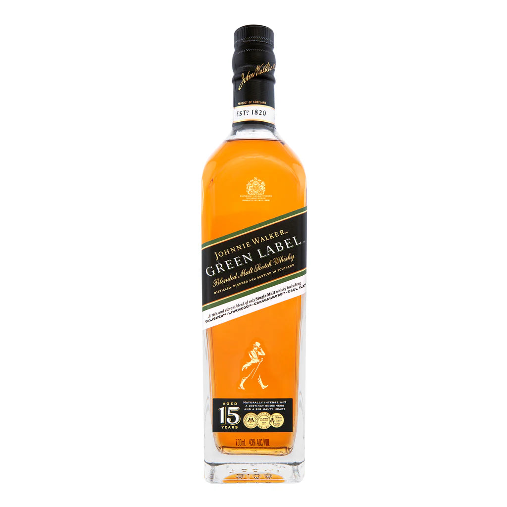 Johnnie Walker Green Label whisky bottle on a white background